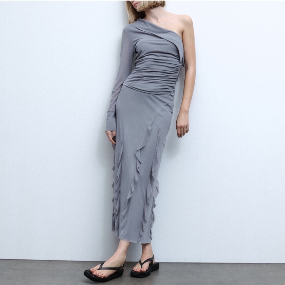 ZARA grey set ruffled tulle skirt and asymmetrical top